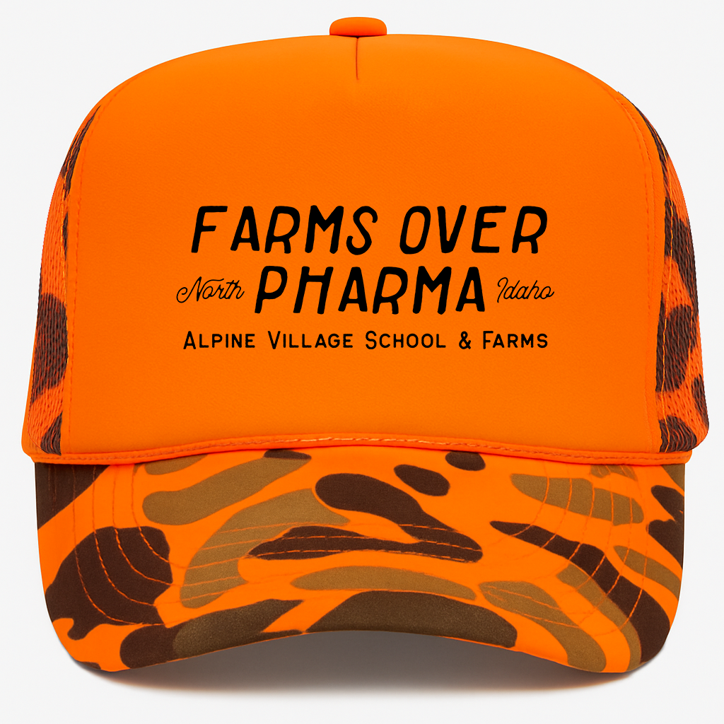 Farms Over Pharma Trucker Hat (Neon Orange/Camo)