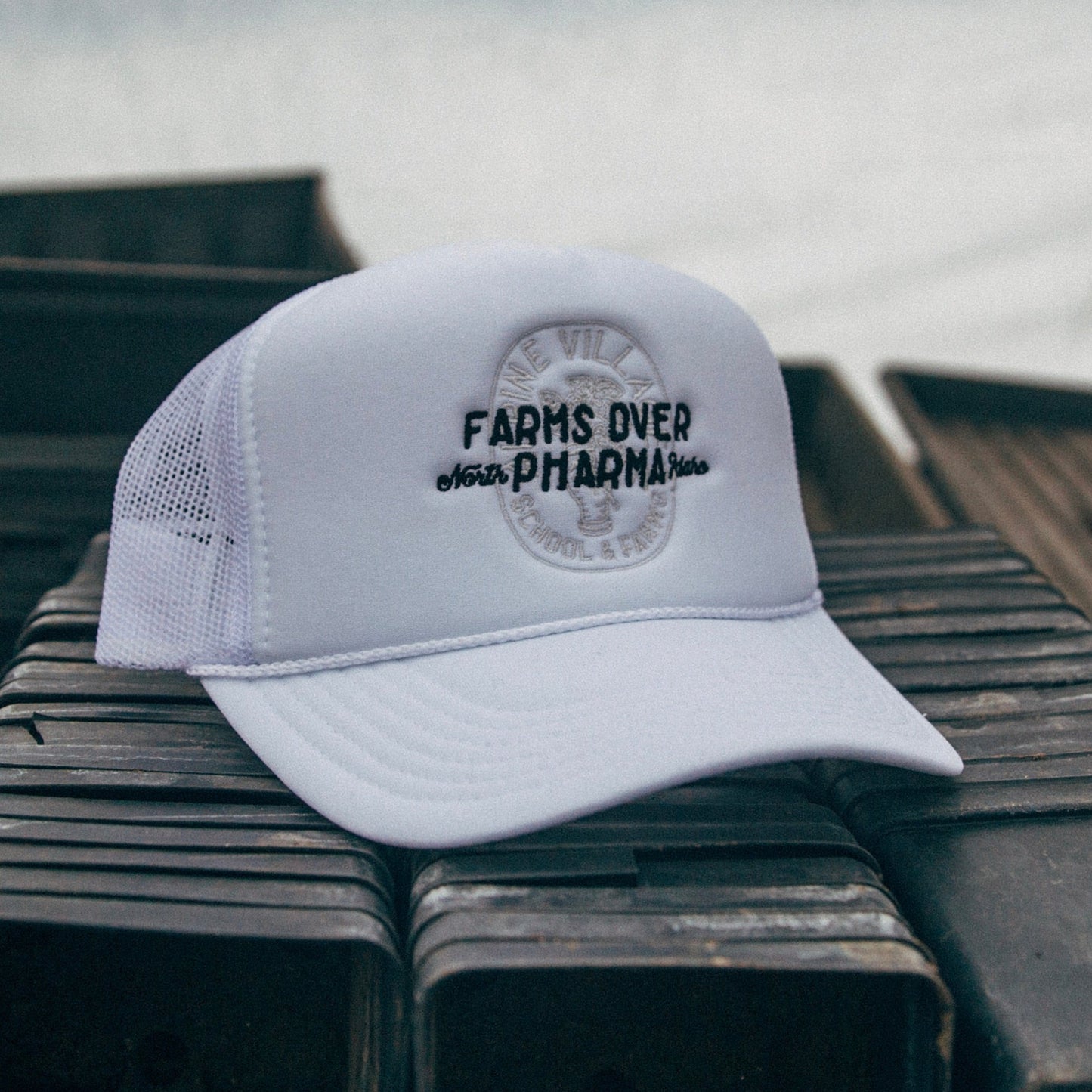 FARMS OVER PHARMA TRUCKER HAT (WHITE WITH BLACK/WHITE)