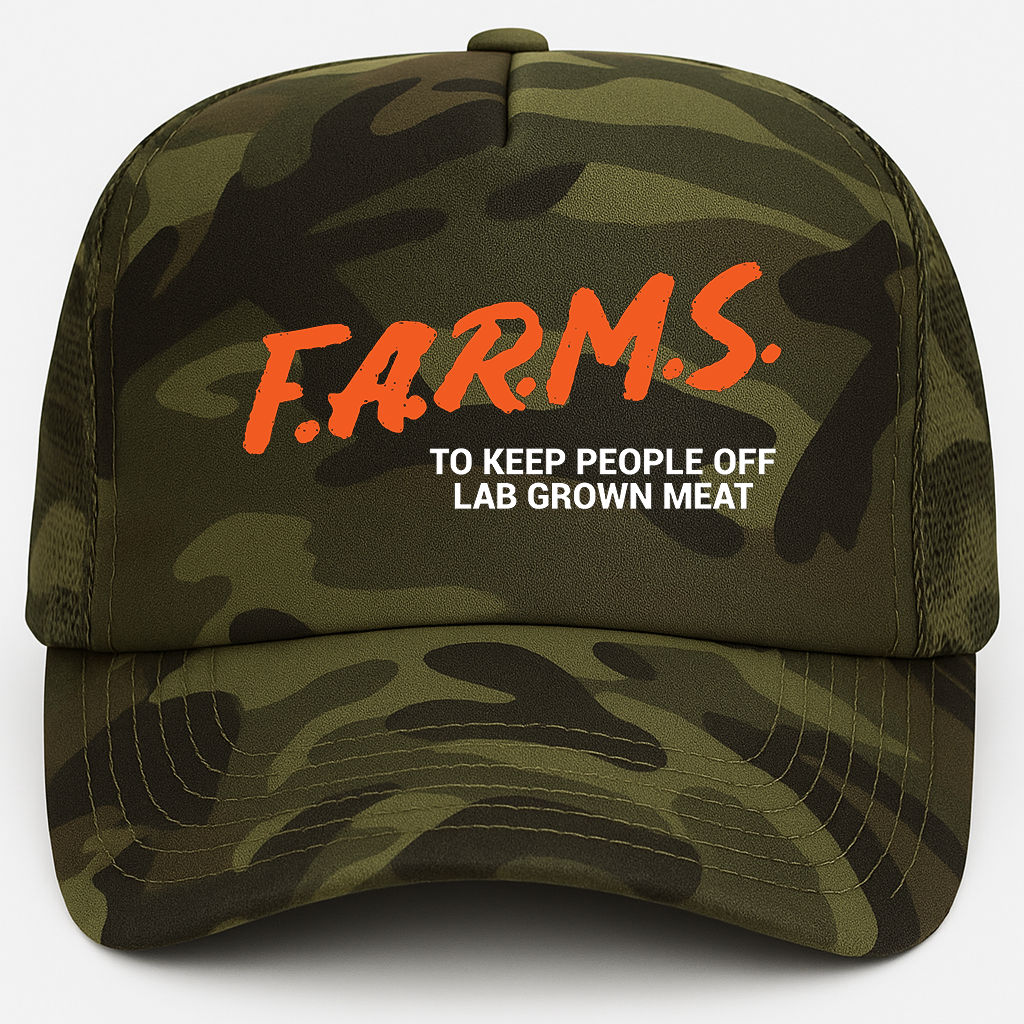 F.A.R.M.S. To Keep People Off Lab Grown Meat Trucker Hat (Forest/Camo)