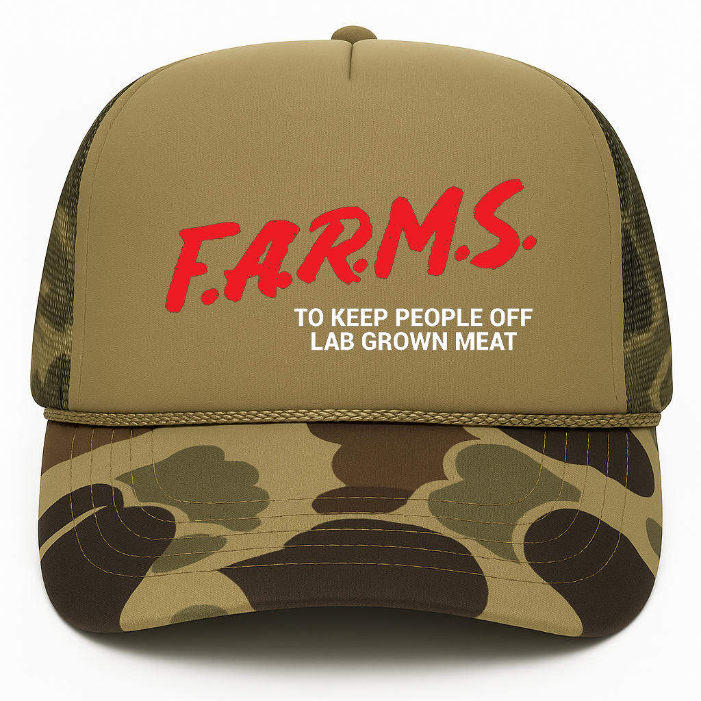 F.A.R.M.S. To Keep People Off Lab Grown Meat Trucker Hat (Olive/Camo)