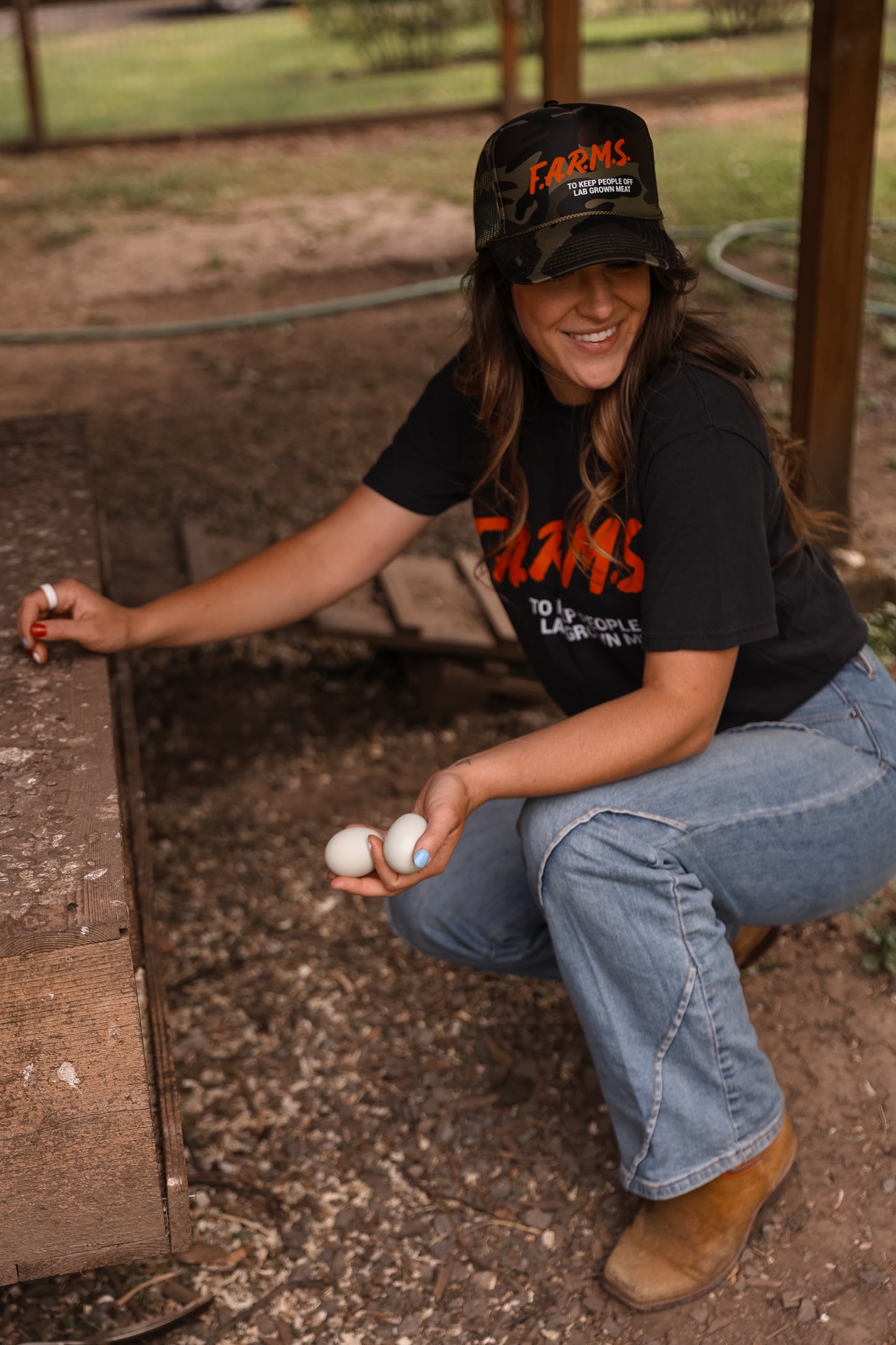 F.A.R.M.S. To Keep People Off Lab Grown Meat Trucker Hat (Forest/Camo)