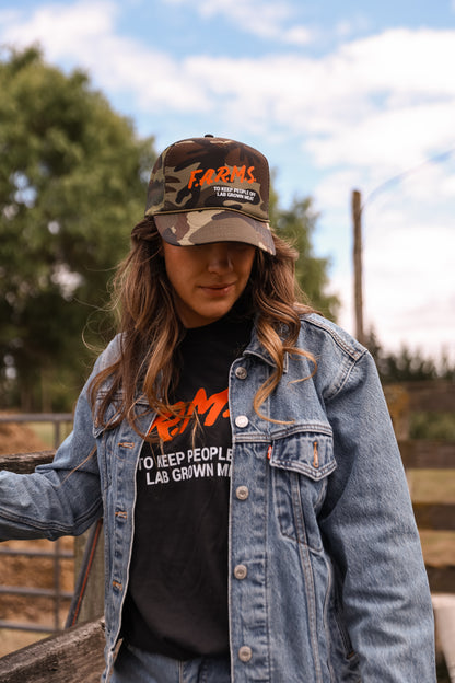 F.A.R.M.S. To Keep People Off Lab Grown Meat Trucker Hat (Forest/Camo)