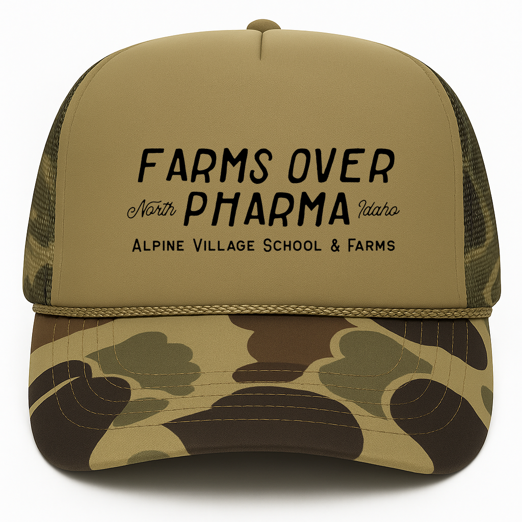 Farms Over Pharma Trucker Hat (Olive/Camo) – Alpine Village School & Farms