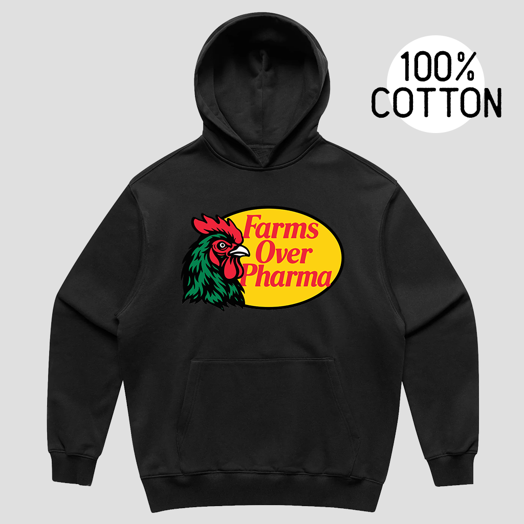 Farms Over Pharma® (Rooster) Hoodie (Black) 100% Cotton