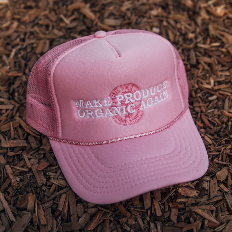 MAKE PRODUCE ORGANIC AGAIN TRUCKER HAT (PINK WITH WHITE/PINK)