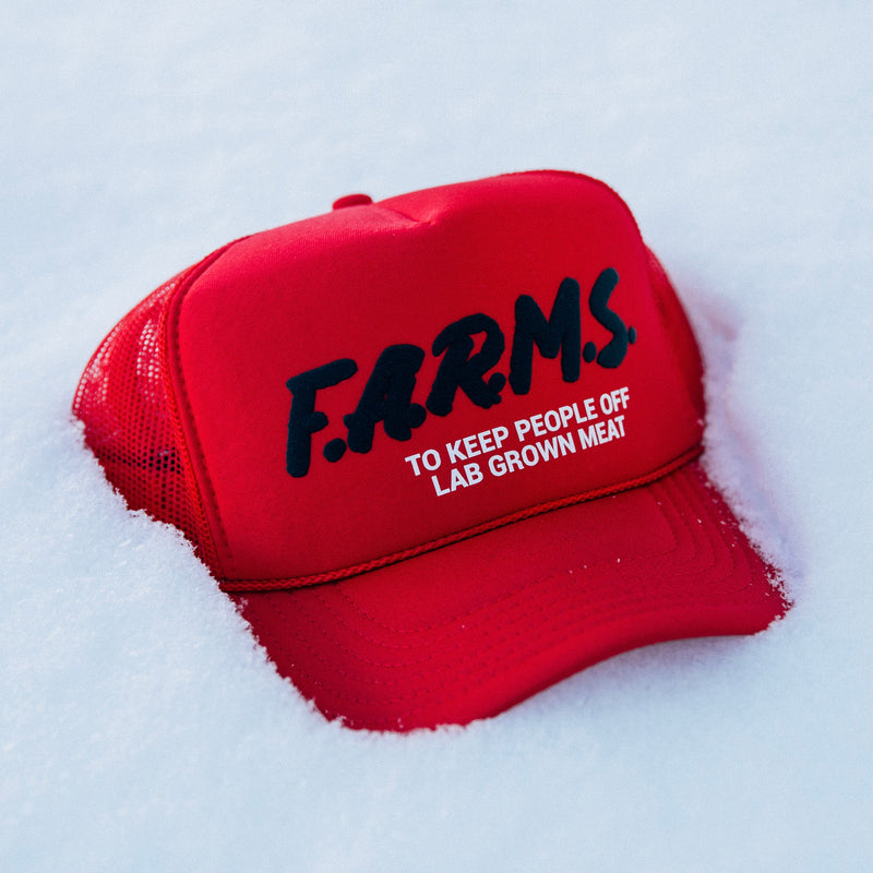 F.A.R.M.S. TO KEEP PEOPLE OFF LAB GROWN MEAT TRUCKER HAT (RED)