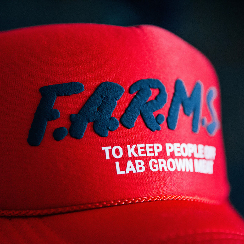 F.A.R.M.S. TO KEEP PEOPLE OFF LAB GROWN MEAT TRUCKER HAT (RED)