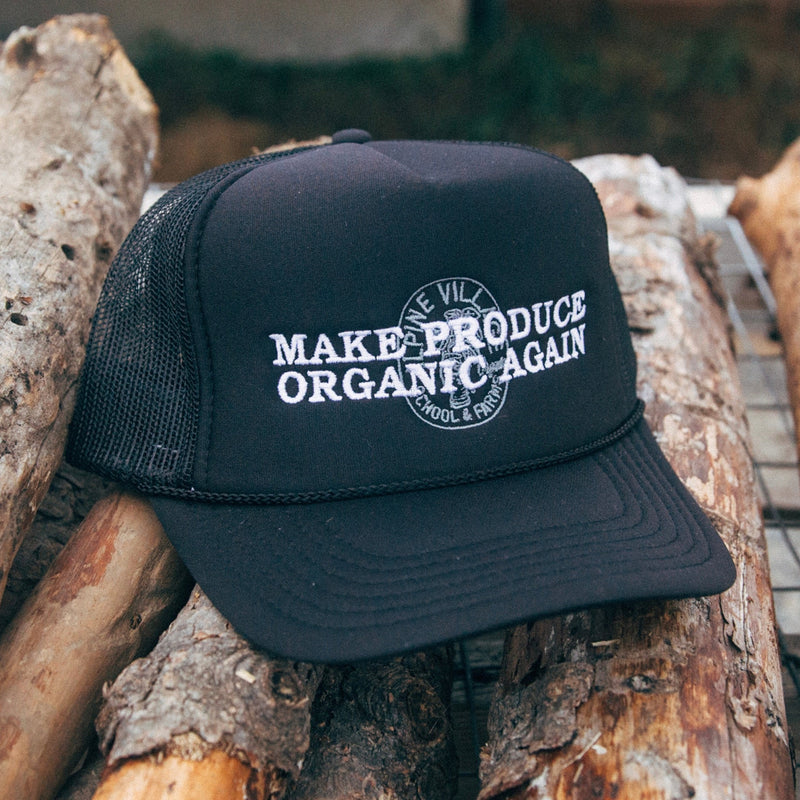 MAKE PRODUCE ORGANIC AGAIN TRUCKER HAT (BLACK WITH WHITE/GREY)