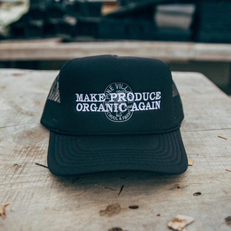MAKE PRODUCE ORGANIC AGAIN TRUCKER HAT (BLACK WITH WHITE/GREY)