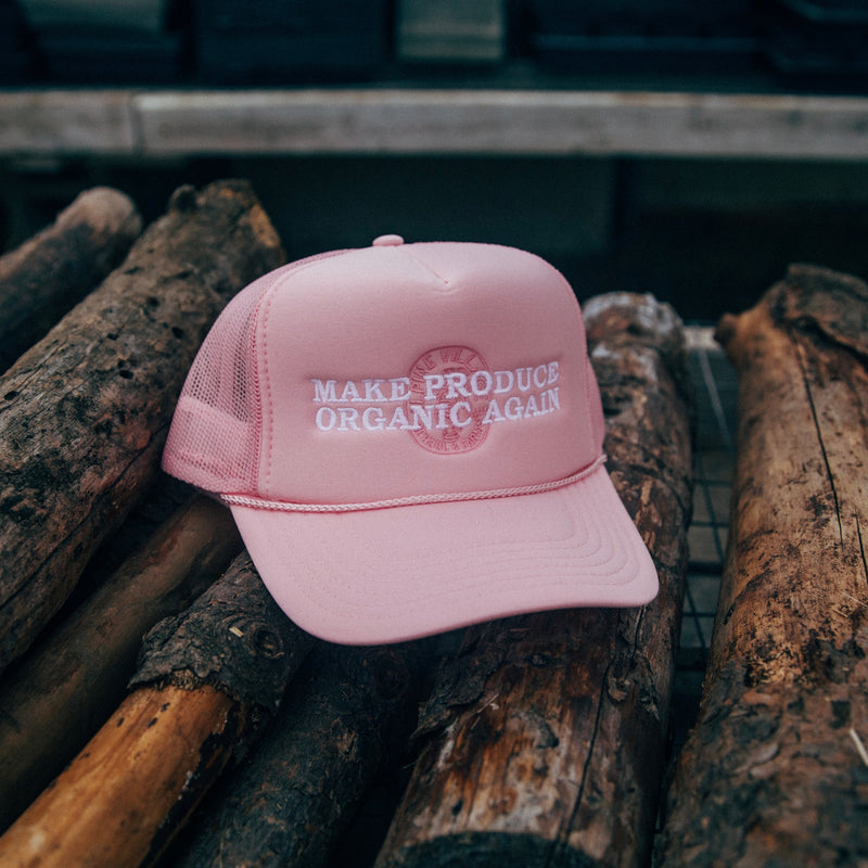 MAKE PRODUCE ORGANIC AGAIN TRUCKER HAT (PINK WITH WHITE/PINK)