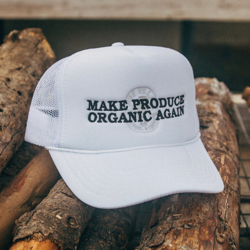 MAKE PRODUCE ORGANIC AGAIN TRUCKER HAT (WHITE WITH BLACK/CHARCOAL)