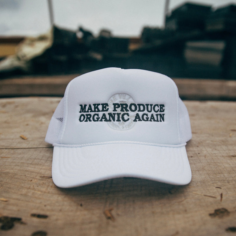MAKE PRODUCE ORGANIC AGAIN TRUCKER HAT (WHITE WITH BLACK/CHARCOAL)