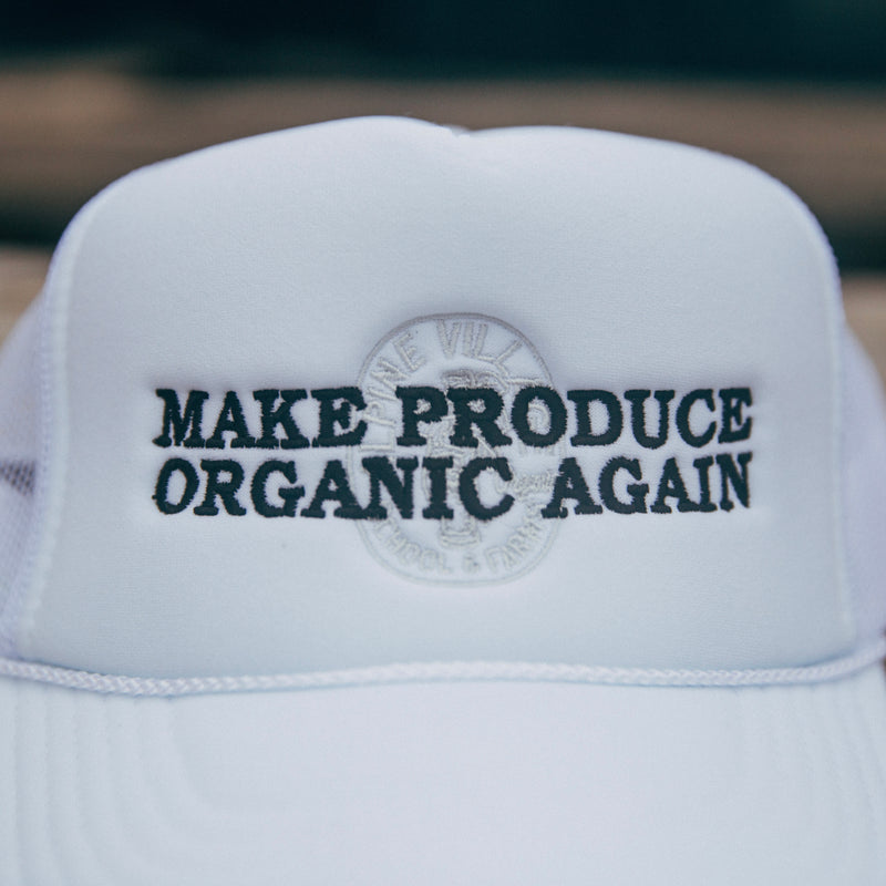 MAKE PRODUCE ORGANIC AGAIN TRUCKER HAT (WHITE WITH BLACK/CHARCOAL)