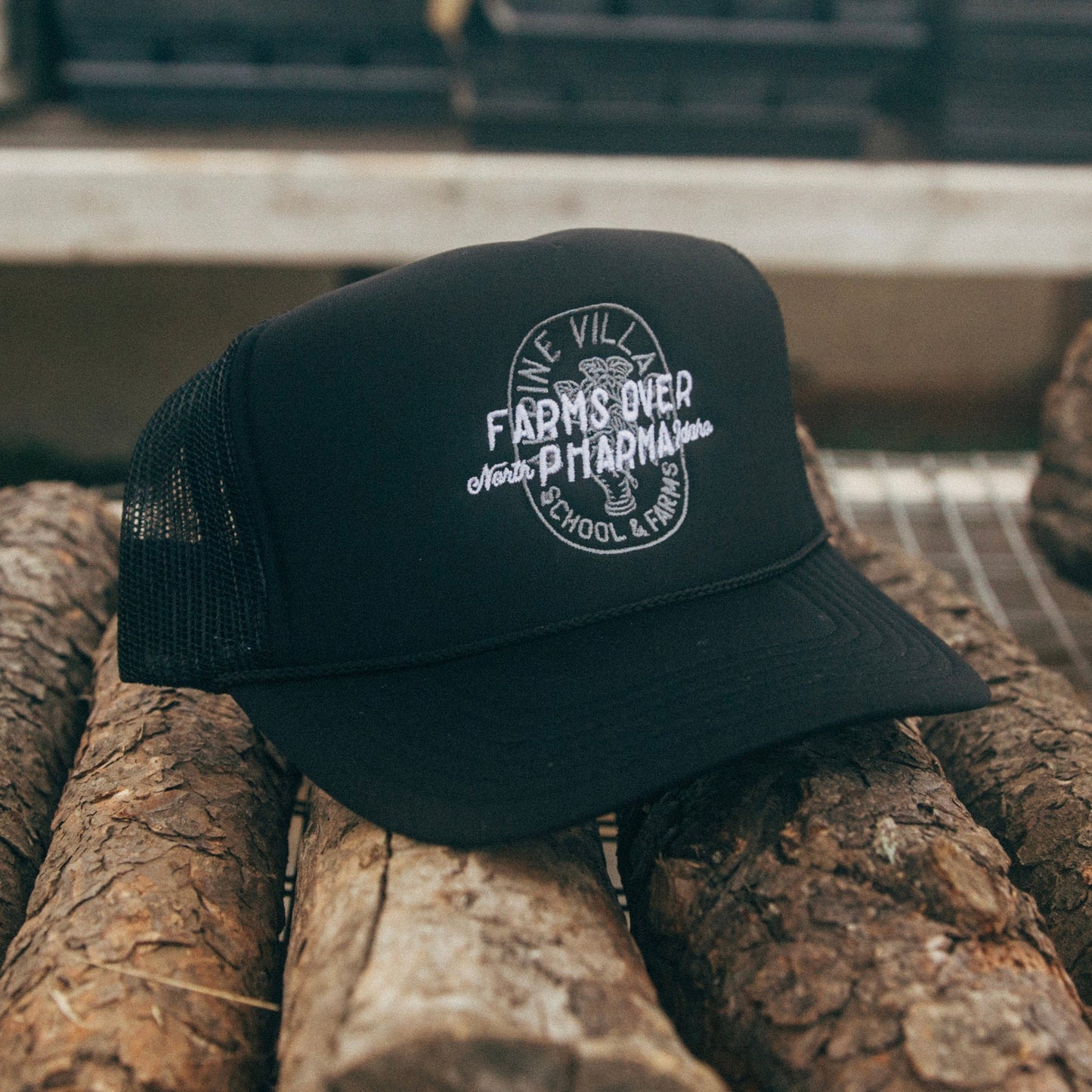 FARMS OVER PHARMA TRUCKER HAT (BLACK WITH WHITE/CHARCOAL)