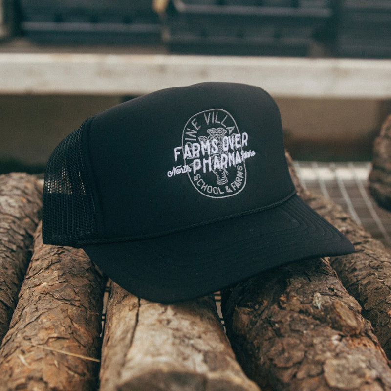 FARMS OVER PHARMA TRUCKER HAT (BLACK WITH WHITE/CHARCOAL)