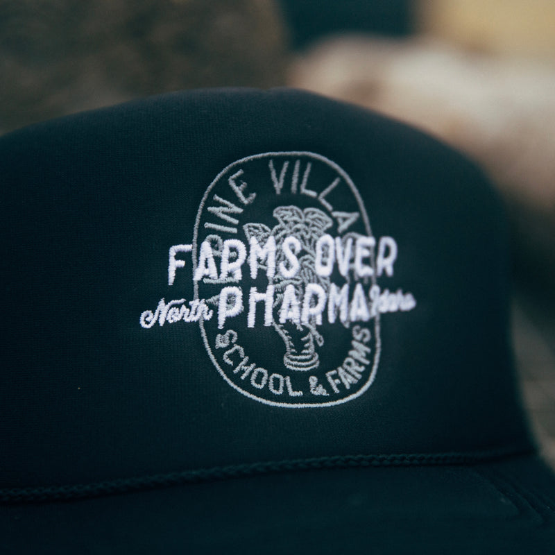 FARMS OVER PHARMA TRUCKER HAT (BLACK WITH WHITE/CHARCOAL)