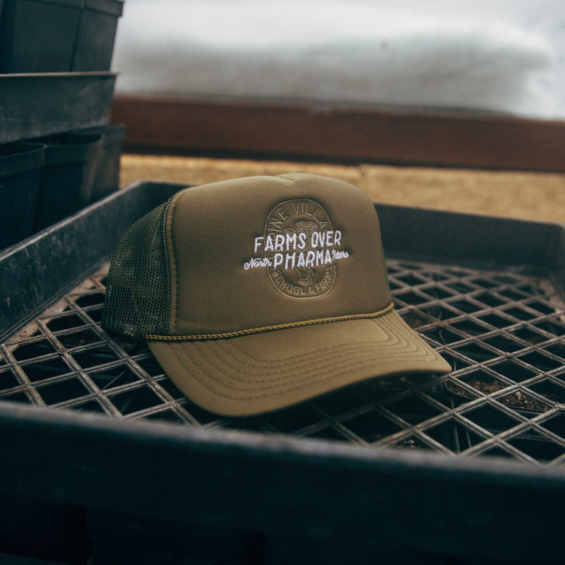 FARMS OVER PHARMA TRUCKER HAT (ARMY GREEN WITH WHITE/GREEN)