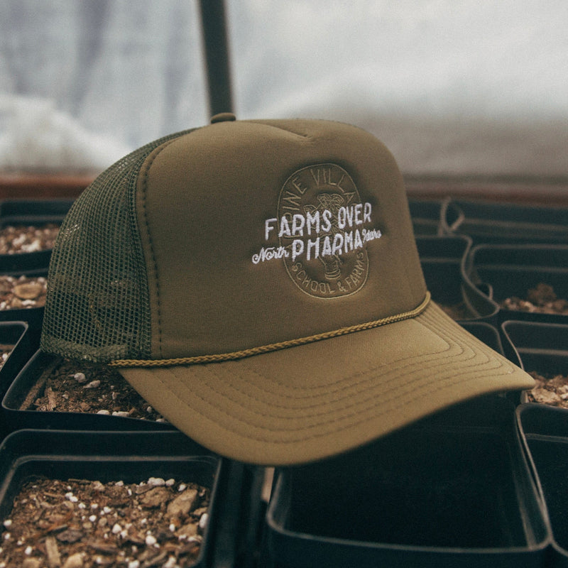 FARMS OVER PHARMA TRUCKER HAT (ARMY GREEN WITH WHITE/GREEN)