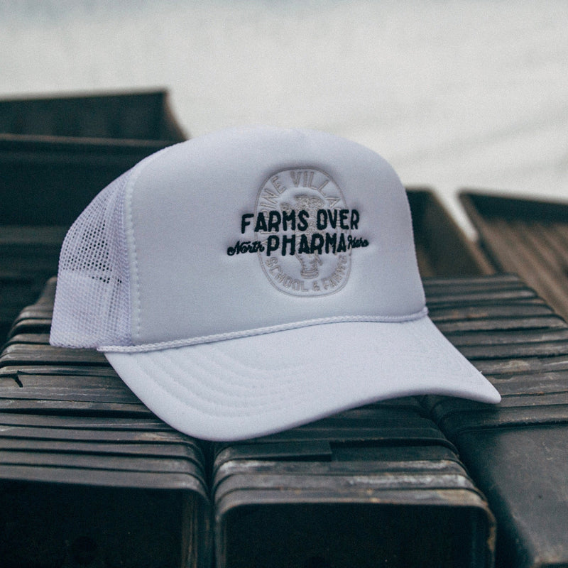 FARMS OVER PHARMA TRUCKER HAT (WHITE WITH BLACK/WHITE)