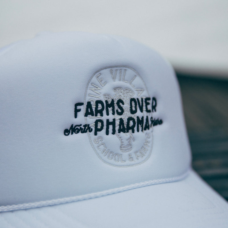 FARMS OVER PHARMA TRUCKER HAT (WHITE WITH BLACK/WHITE)