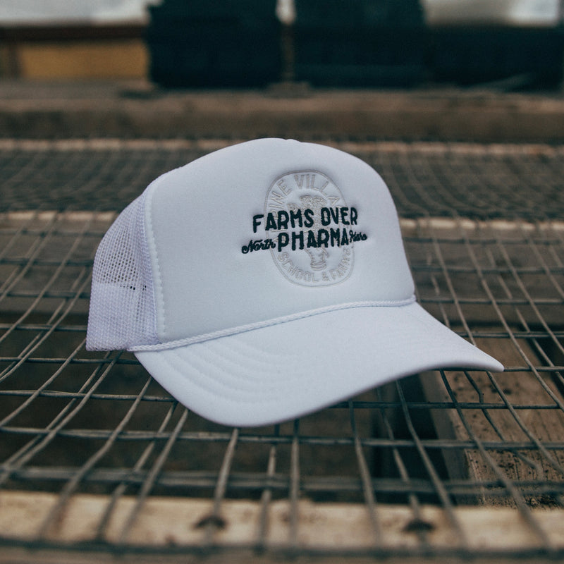 FARMS OVER PHARMA TRUCKER HAT (WHITE WITH BLACK/WHITE)