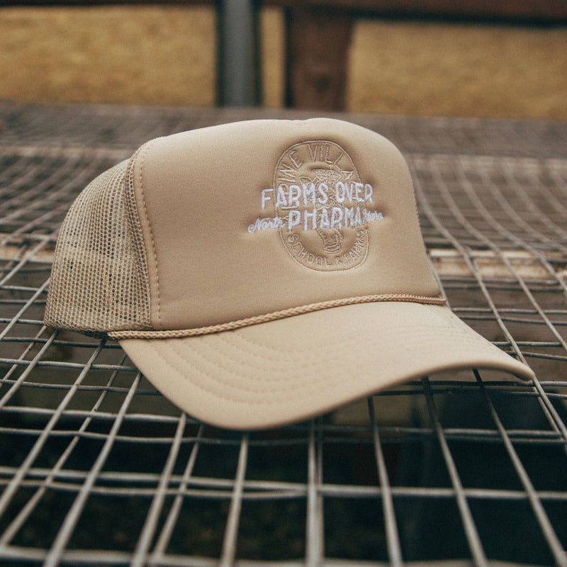 FARMS OVER PHARMA TRUCKER HAT (TAN WITH WHITE/BROWN)
