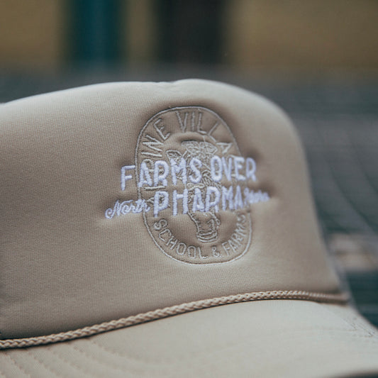 FARMS OVER PHARMA TRUCKER HAT (TAN WITH WHITE/BROWN)