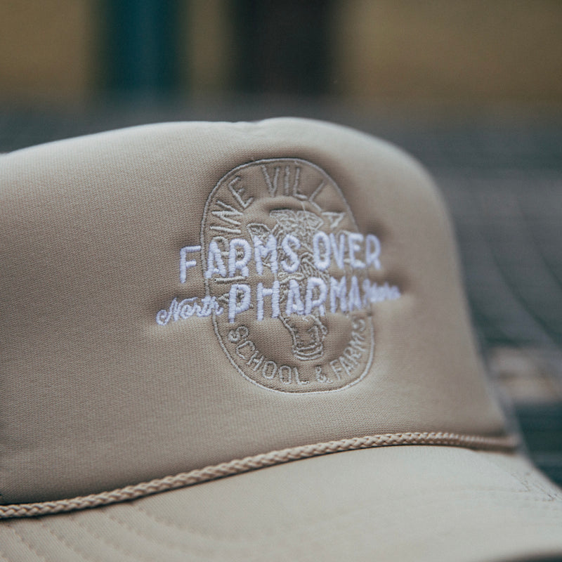 FARMS OVER PHARMA TRUCKER HAT (TAN WITH WHITE/BROWN)