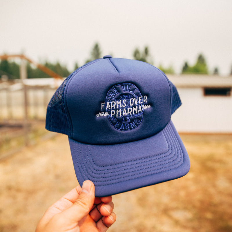 FARMS OVER PHARMA TRUCKER HAT (DARK BLUE WITH WHITE/ROYAL BLUE)