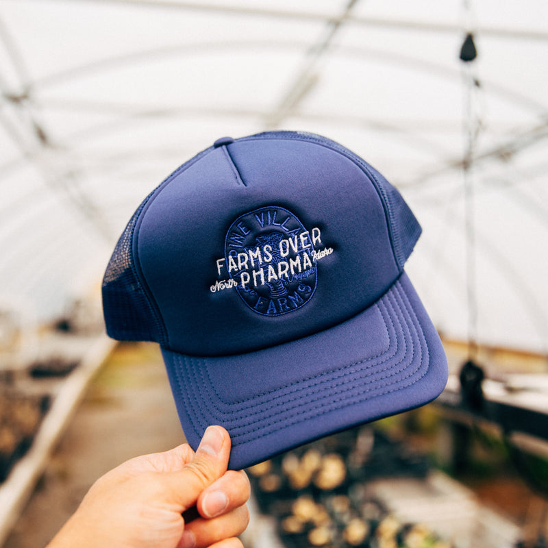 FARMS OVER PHARMA TRUCKER HAT (DARK BLUE WITH WHITE/ROYAL BLUE)